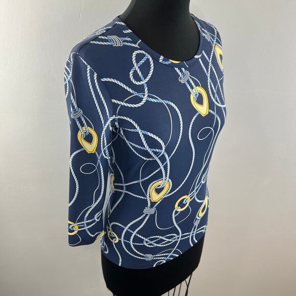 J. McLaughlin 3/4 Sleeve Top Blue Yellow Print Knot Round Neckline Stretch Sz XS - Picture 5 of 10